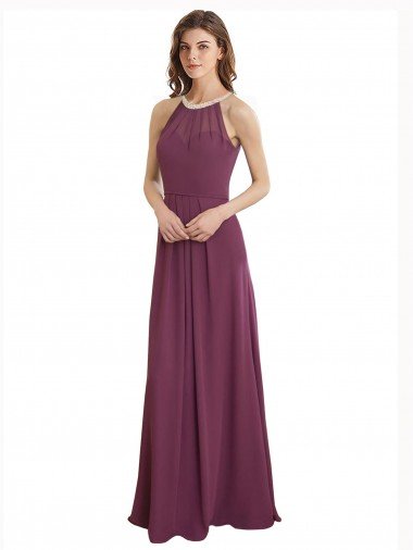 Cheapest High Neckline Long Chiffon Bridesmaid Dress with Beaded Trim UK