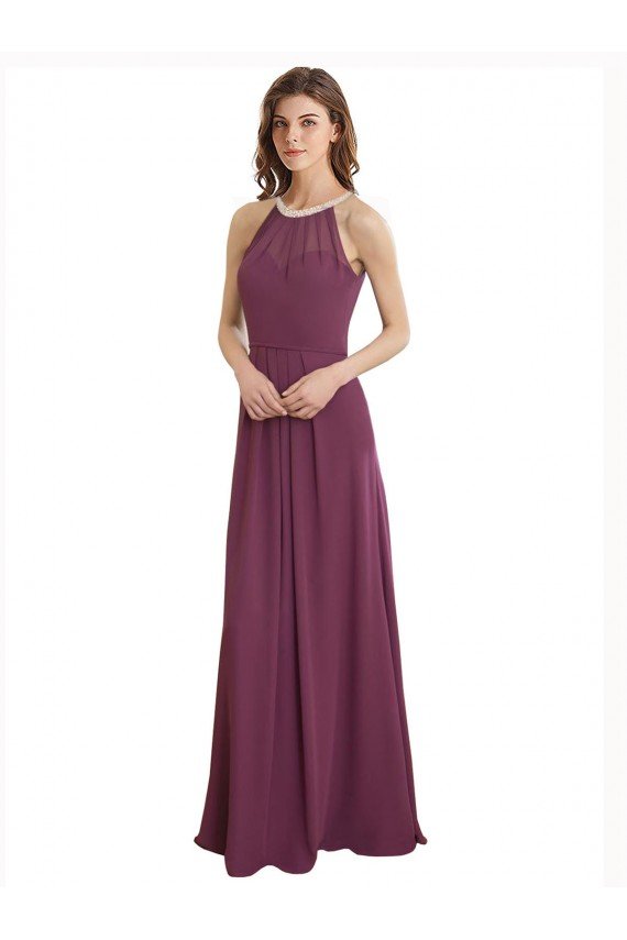 Cheapest High Neckline Long Chiffon Bridesmaid Dress with Beaded Trim UK