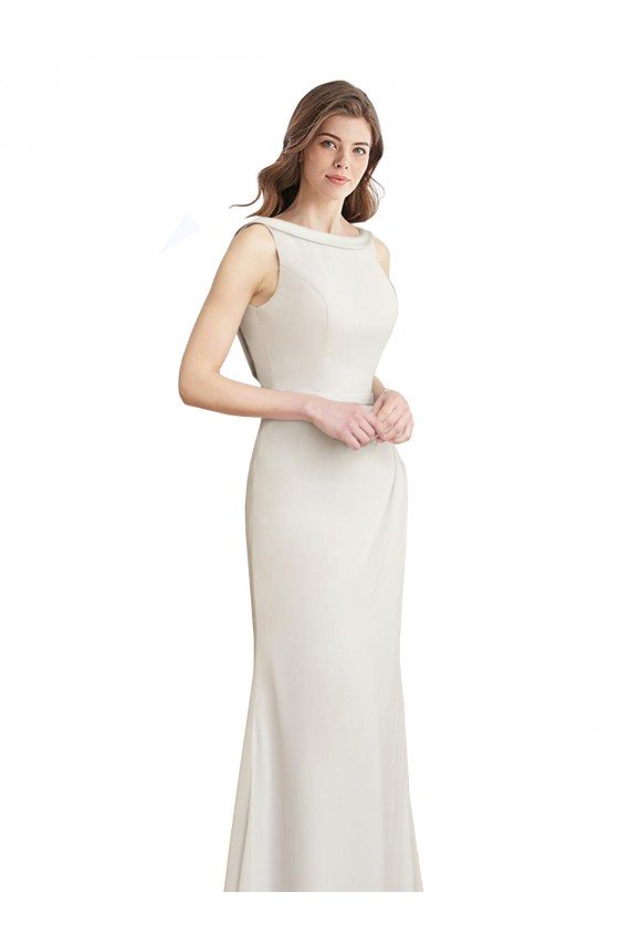 Cheapest Long Chiffon Bridesmaid Dress with Boat Neckline and Satin Collar UK