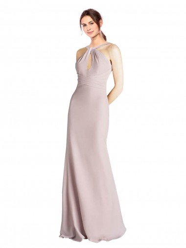Cheapest Long Slim Chiffon Bridesmaid Dress with Ruffled Waist and Keyhole UK