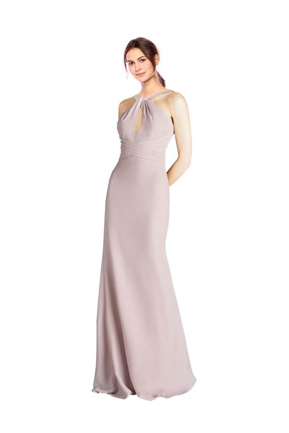 Cheapest Long Slim Chiffon Bridesmaid Dress with Ruffled Waist and Keyhole UK