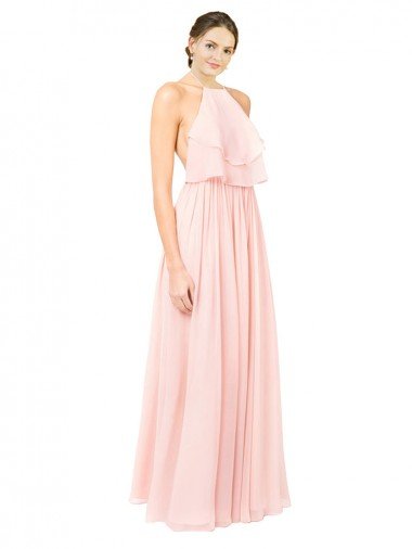 Cheapest Halter Neck Chiffon Bridesmaid Dress with Double Ruffle Front UK