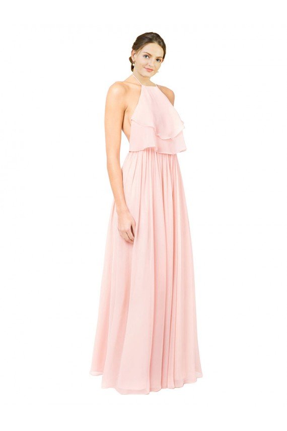 Cheapest Halter Neck Chiffon Bridesmaid Dress with Double Ruffle Front UK