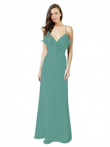 Cheapest Full Length Chiffon Bridesmaid Dress with Ruffled V-Neckline UK