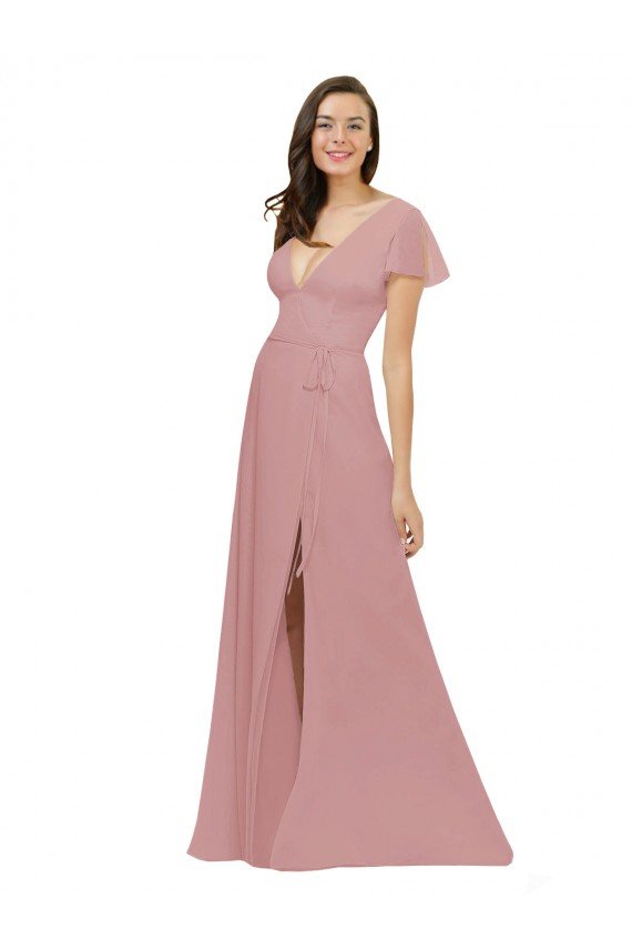 Cheapest Flutter Sleeves Short Chiffon Bridesmaid Dress with Tie Belt UK