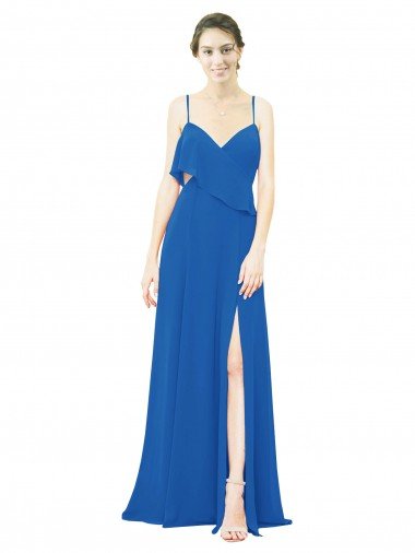 Cheapest Spaghetti Strap Chiffon Bridesmaids Dress with Asymmetrical Ruffle and Front Slit UK