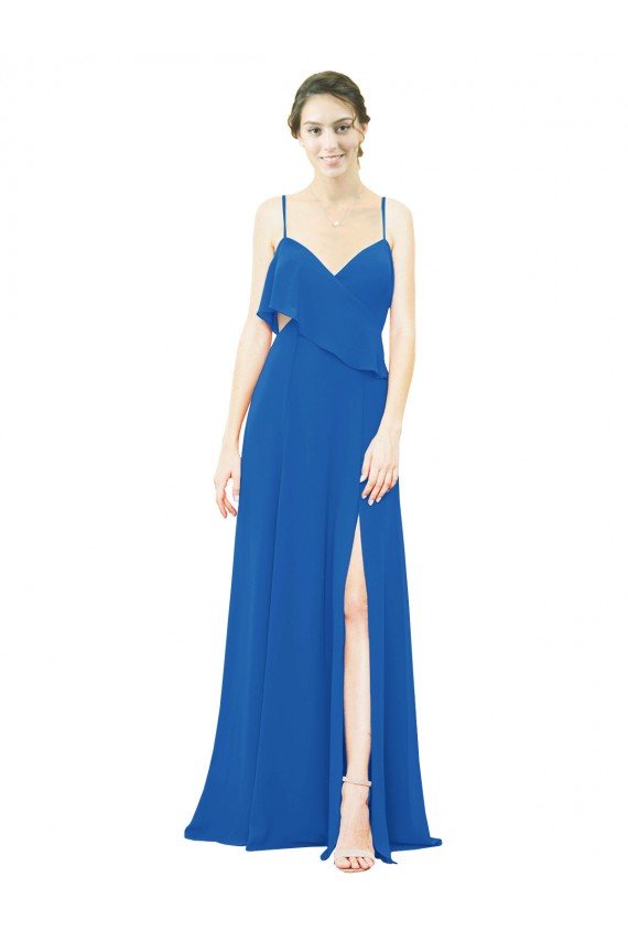 Cheapest Spaghetti Strap Chiffon Bridesmaids Dress with Asymmetrical Ruffle and Front Slit UK