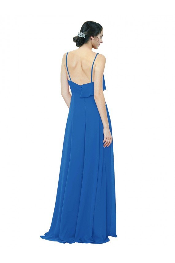 Cheapest Spaghetti Strap Chiffon Bridesmaids Dress with Asymmetrical Ruffle and Front Slit UK