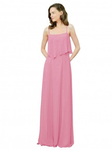 Cheapest Spaghetti Strap Chiffon Bridesmaids Dress with Ruffle Overlay UK