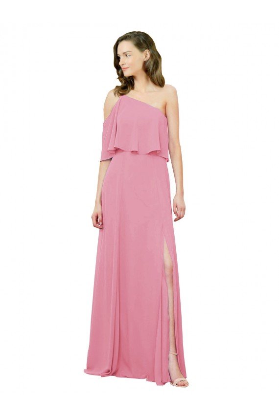 Cheapest Sleeved One Shoulder Chiffon Bridesmaids Dress with Draped Ruffle Overlay UK