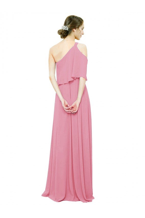 Cheapest Sleeved One Shoulder Chiffon Bridesmaids Dress with Draped Ruffle Overlay UK