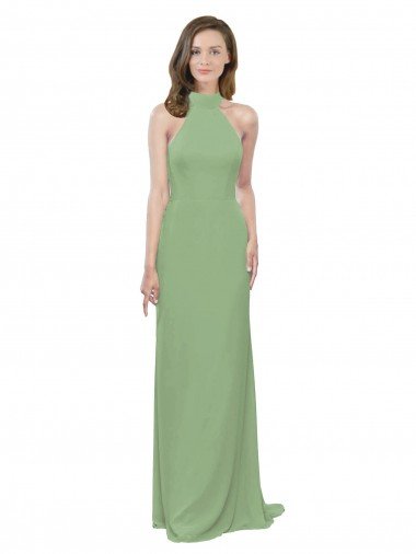Cheapest High Collar Halter Neck Chiffon Bridesmaid Dress with Long Back Tie UK