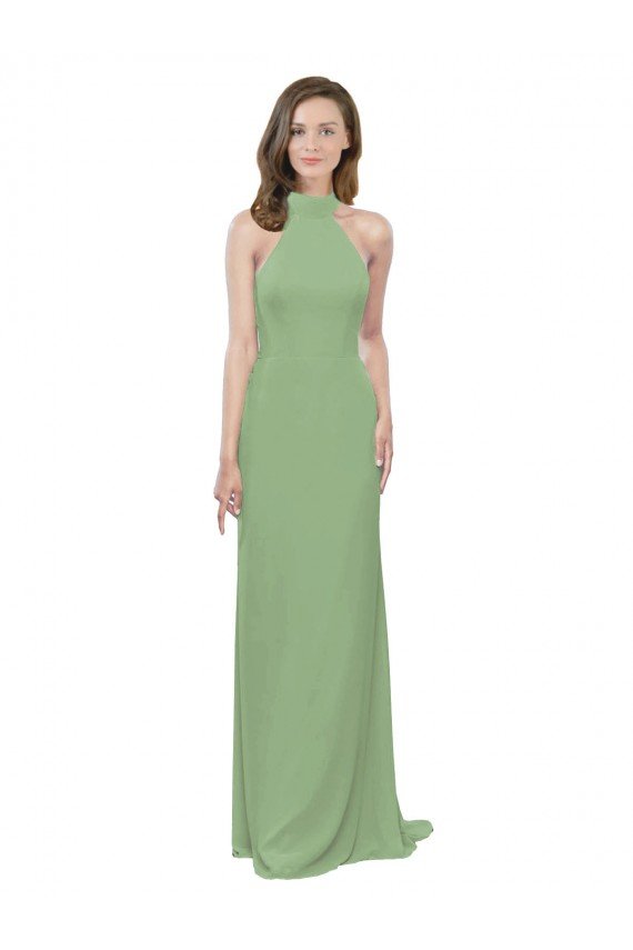 Cheapest High Collar Halter Neck Chiffon Bridesmaid Dress with Long Back Tie UK