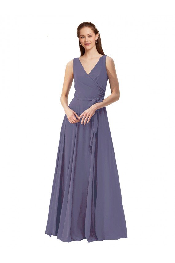 Cheapest V-Neck Long Draped A-Line Chiffon Bridesmaid Dress UK