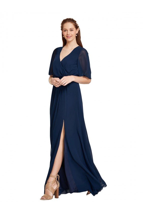 Cheapest V-Neck Plush Chiffon Bridesmaid Dress with Flutter Sleeves UK