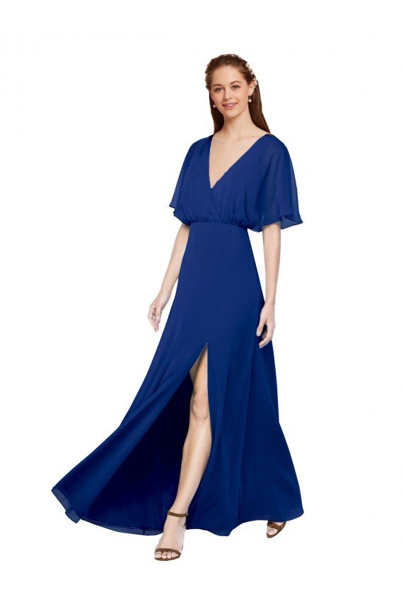 Cheapest V-Neck Long Chiffon Bridesmaid Dress with Dolman Sleeved Bodice and Slit UK