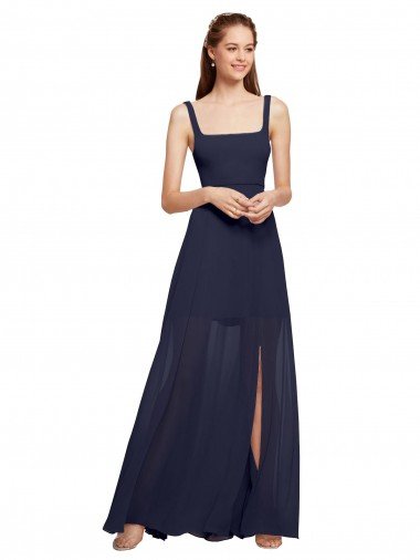 Cheapest Squre Necked Long Chiffon Bridesmaid Dress with Front Slit UK