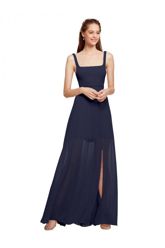 Cheapest Squre Necked Long Chiffon Bridesmaid Dress with Front Slit UK