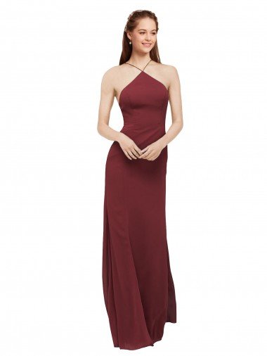 Cheapest High Halter Neck Long Chiffon Bridesmaid Dress with Low Scoop Back UK