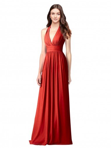 Cheapest Halter V-Neck A-Line Chiffon Bridesmaid Dress with Shirred Skirt UK