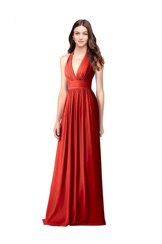 Cheapest Halter V-Neck A-Line Chiffon Bridesmaid Dress with Shirred Skirt UK