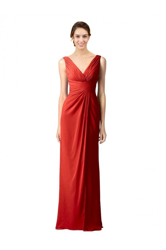 Cheapest Shirred Long Floor Length Chiffon Bridesmaid Dress with V-Back UK