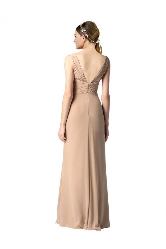 Cheapest Shirred Long Floor Length Chiffon Bridesmaid Dress with V-Back UK