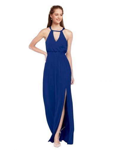 Cheapest High Keyhole Neck Long Chiffon Bridesmaid Dress with Slit UK