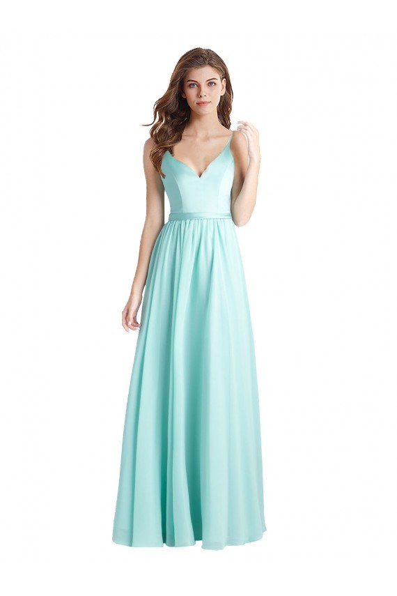 Cheapest Long V-Neck Chiffon Bridesmaid Dress with Satin Bodice UK