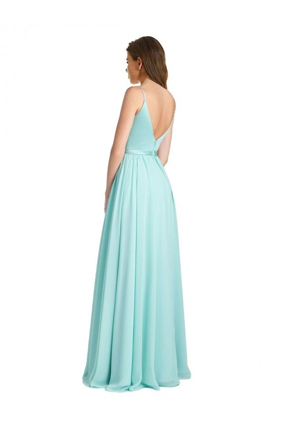 Cheapest Long V-Neck Chiffon Bridesmaid Dress with Satin Bodice UK