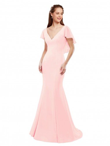 Cheapest Fit and Flare Chiffon Bridesmaid Dress with V-Neck and Flutter Sleeves UK