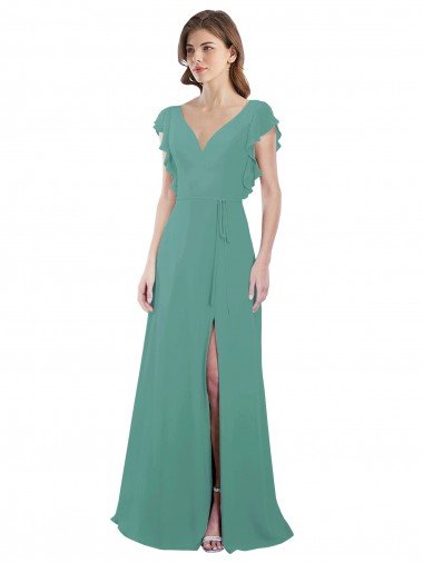 Cheapest Full Length Chiffon Bridesmaid Dress with Ruffled Cap Sleeves and Side Slit UK