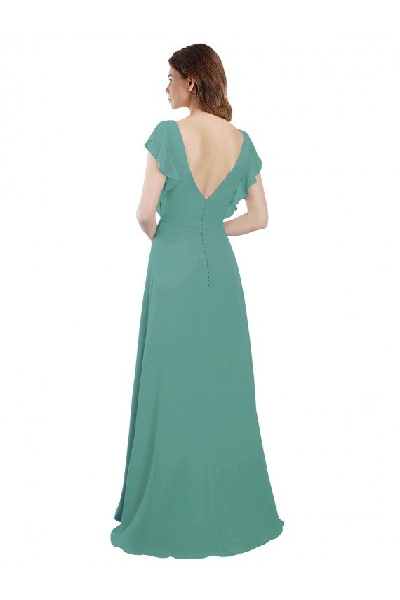 Cheapest Full Length Chiffon Bridesmaid Dress with Ruffled Cap Sleeves and Side Slit UK