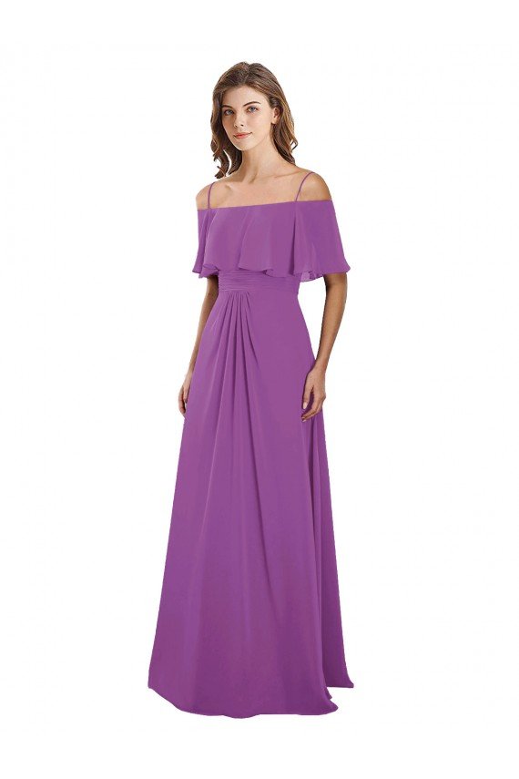 Cheapest Draped Off The Shoulder Chiffon Bridesmaid Dress with Spaghetti Straps and Ruffled Neckline UK
