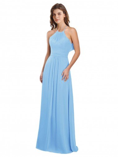 Cheapest Chiffon A-Line Bridesmaid Dress with Halter Neck and Ruffled Back Straps UK