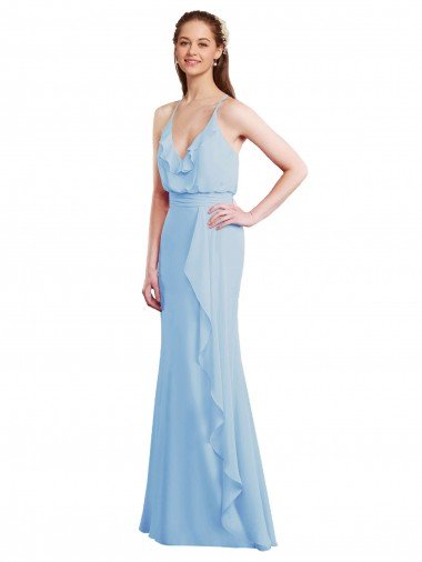 Cheapest Fluted Long Chiffon Bridesmaid Dress with Cascading Ruffles UK