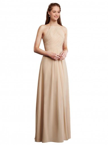 Cheapest Draped Halter Neck Long Chiffon Bridesmaid Dress with Tie Back UK