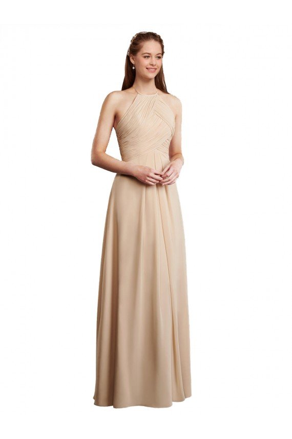 Cheapest Draped Halter Neck Long Chiffon Bridesmaid Dress with Tie Back UK