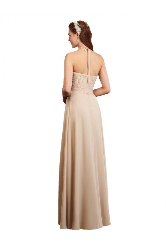 Cheapest Draped Halter Neck Long Chiffon Bridesmaid Dress with Tie Back UK