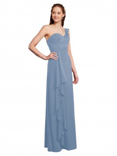 Cheapest Single Shoulder Strap Long Chiffon Bridesmaid Dress with Cascading Ruffles UK