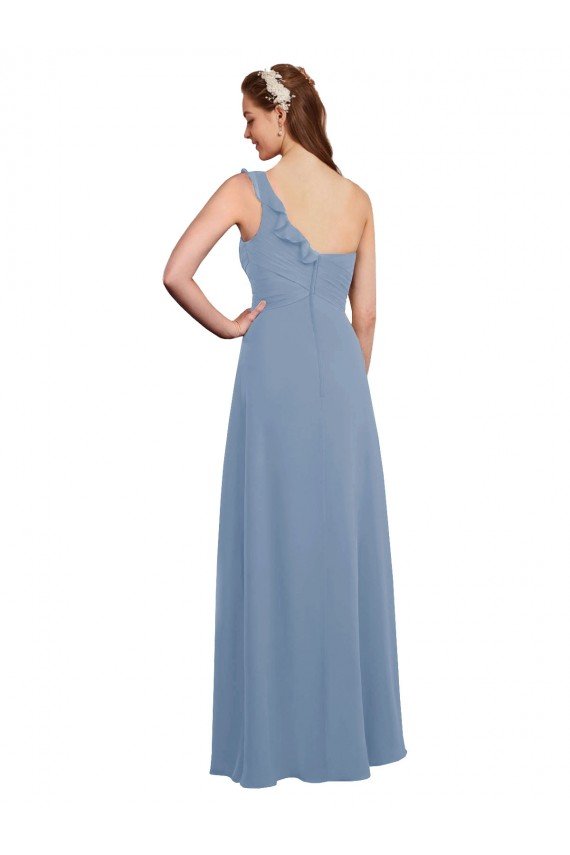 Cheapest Single Shoulder Strap Long Chiffon Bridesmaid Dress with Cascading Ruffles UK