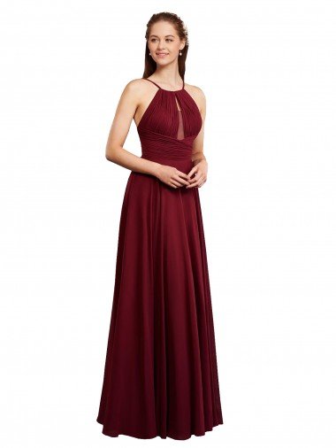 Cheapest Long A-Line Halter Neck Chiffon Bridesmaid Dress with Draped Bodice UK