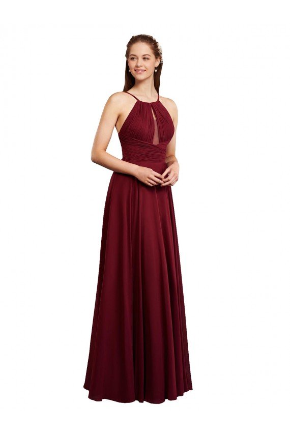 Cheapest Long A-Line Halter Neck Chiffon Bridesmaid Dress with Draped Bodice UK