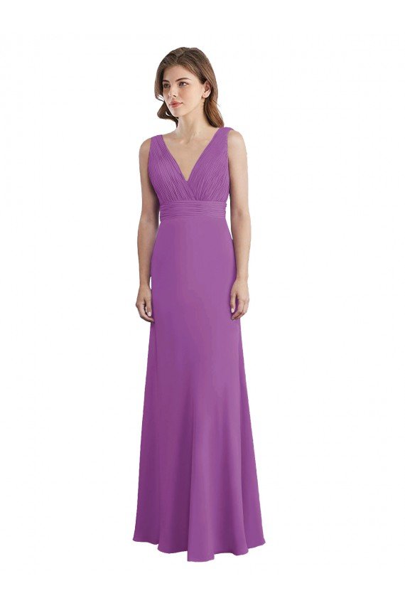 Cheapest V-Shaped Neckline Long Chiffon Bridesmaid Dress with Cascading Ruffles Back UK