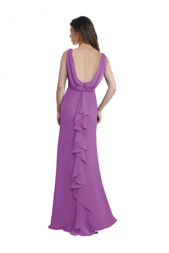 Cheapest V-Shaped Neckline Long Chiffon Bridesmaid Dress with Cascading Ruffles Back UK