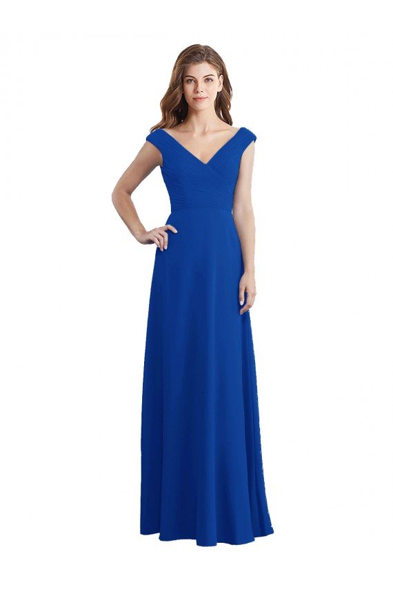 Cheapest Draped Shoulder V-Neck Long Chiffon Bridesmaid Dress UK