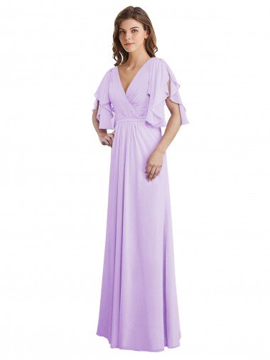 Cheapest A-Line Draped Chiffon Bridesmaid Dress with V-Neck and Split Sleeves UK