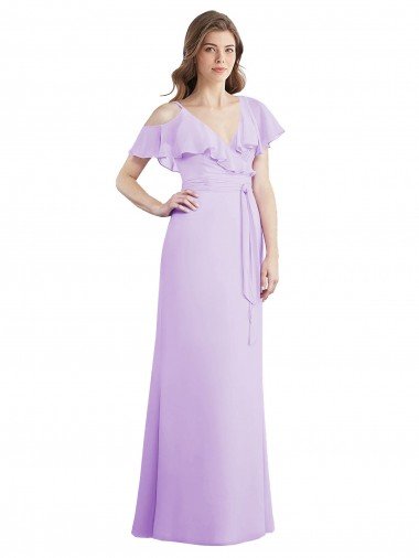 Cheapest Ruffled Neckline Cold Shoulder Long Chiffon Bridesmaid Dress UK