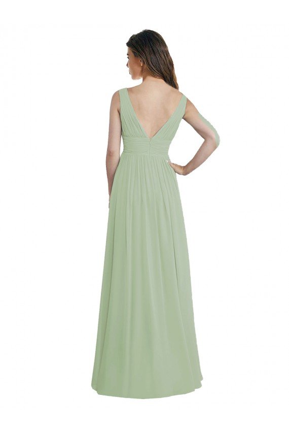 Cheapest V-Neck A-Line Long Chiffon Bridesmaid Dress with Draped Bodice UK
