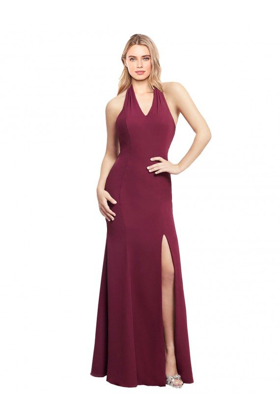 Cheapest Chiffon Mermaid Bridesmaid Dress with Back Tie Halter Straps and Side Slit UK